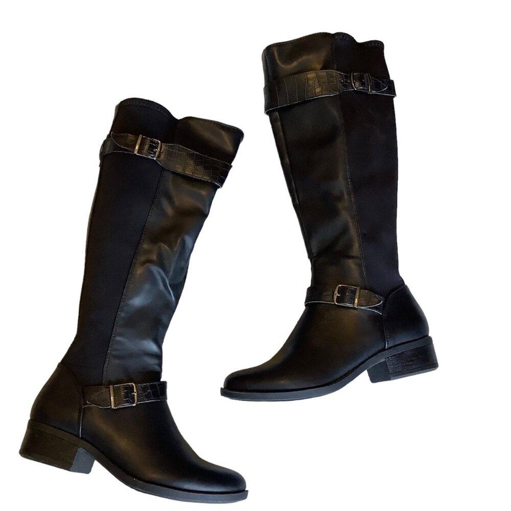 Laura Ashley Faux Leather Knee-High Abby Riding Boots Buckle Accent Side Zip 6.5